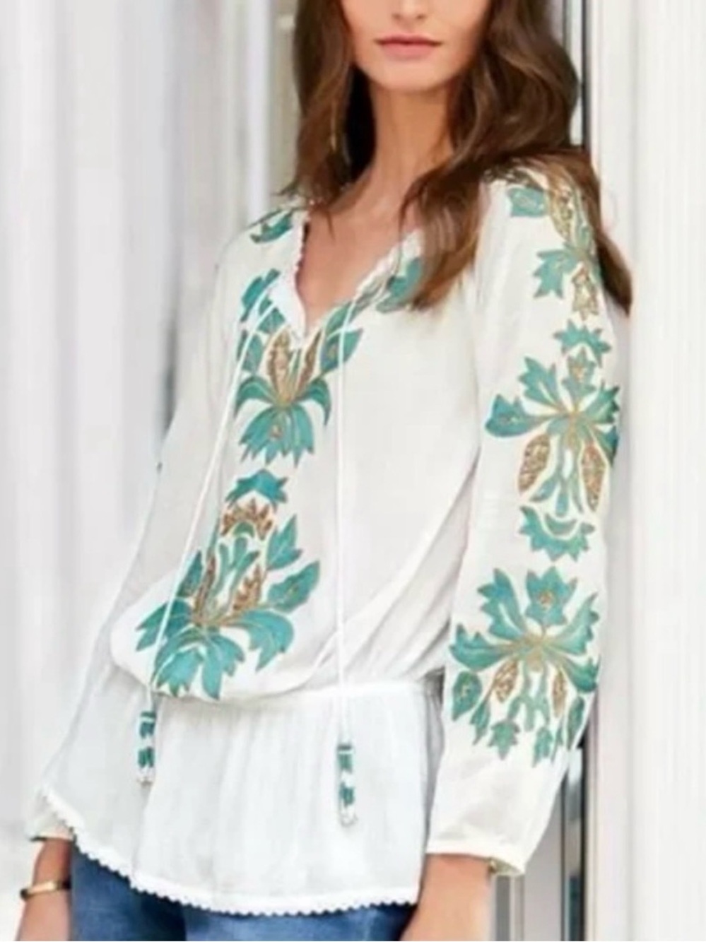 Soft Surroundings Botanical Gardens Embroidered Sequins Blouse Top Boho Sz Large
